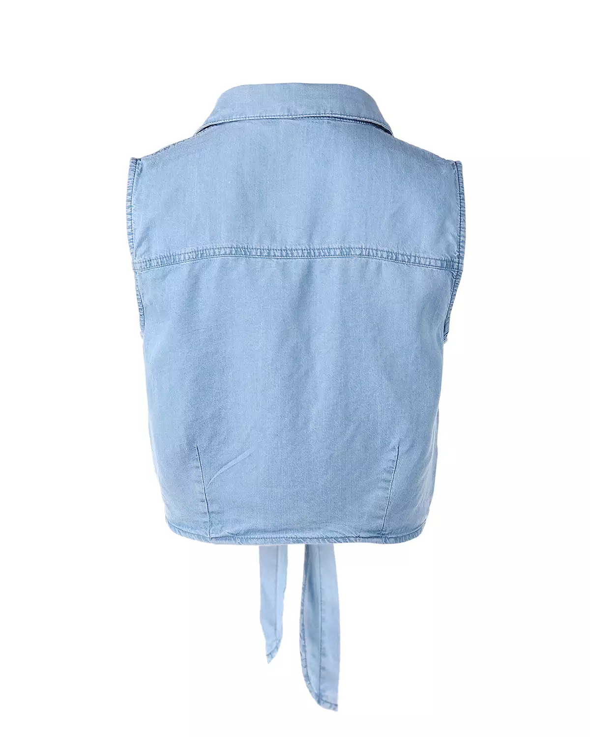 Women's Roll Up Sleeve Crop Top Tie Front Chambray Denim Shirt