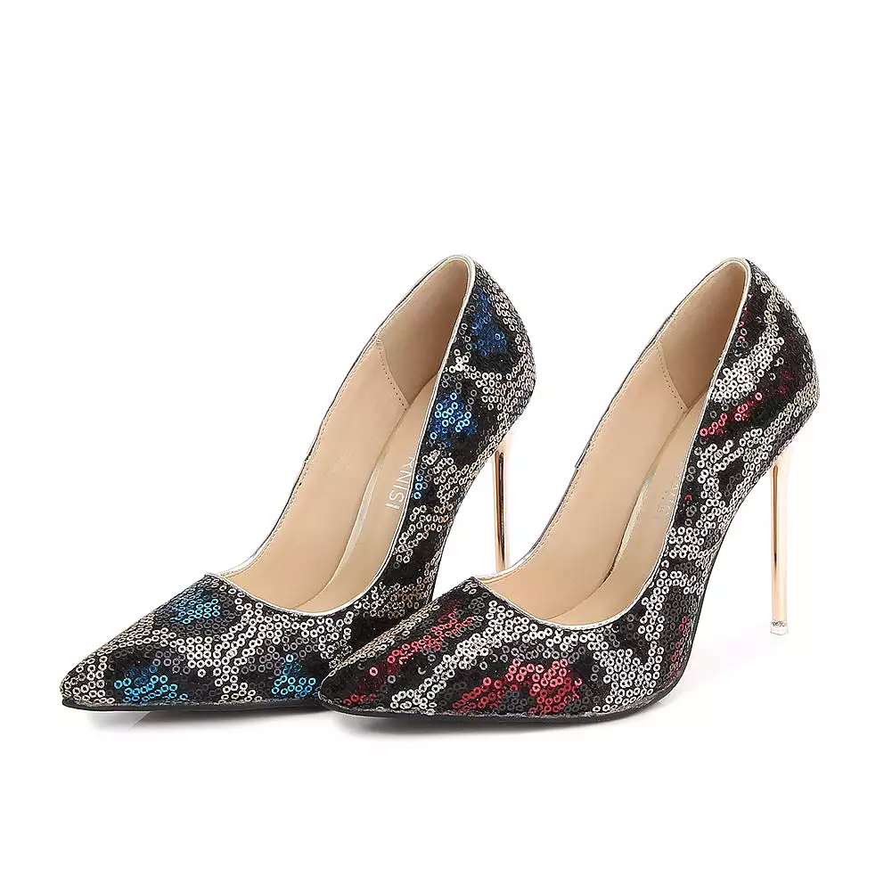 Women's Sequins Pointed Toe Shallow Stiletto Heel Pumps