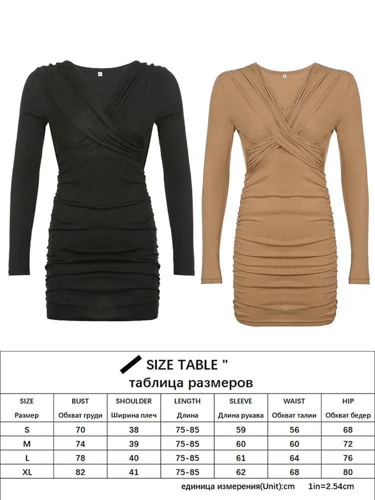 Women's Sexy Solid V Neck Long Sleeve Mini Folds Bodycon Dresses for Club