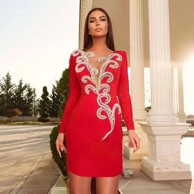 Women's Sexy Summer Diamond Long-Sleeved Bandage Party Mini Dress