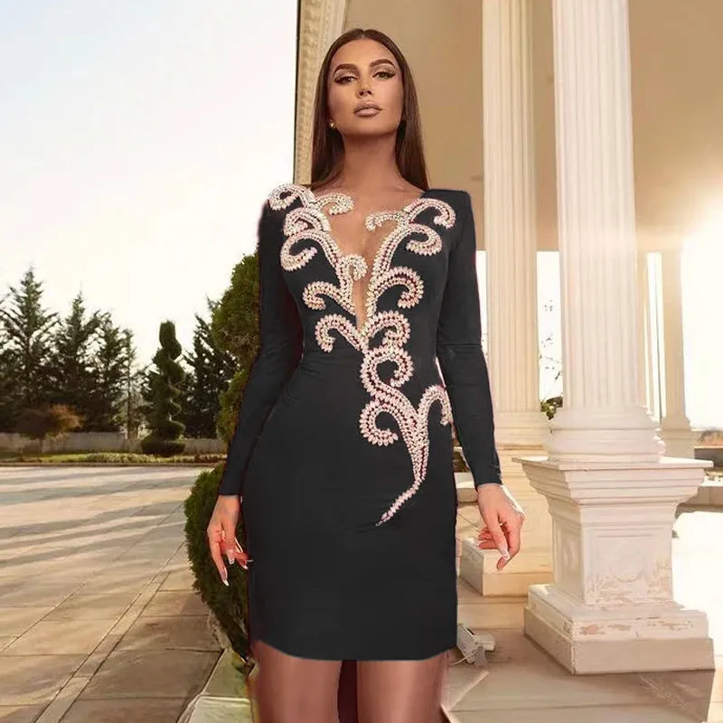 Women's Sexy Summer Diamond Long-Sleeved Bandage Party Mini Dress