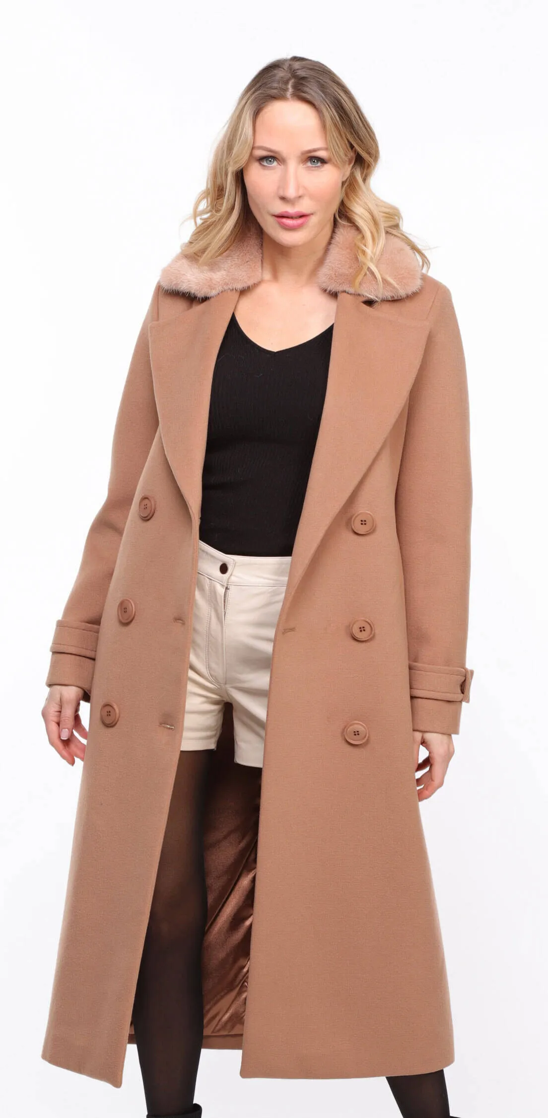 Women's taupe \synthia\ mink collar fabric coat