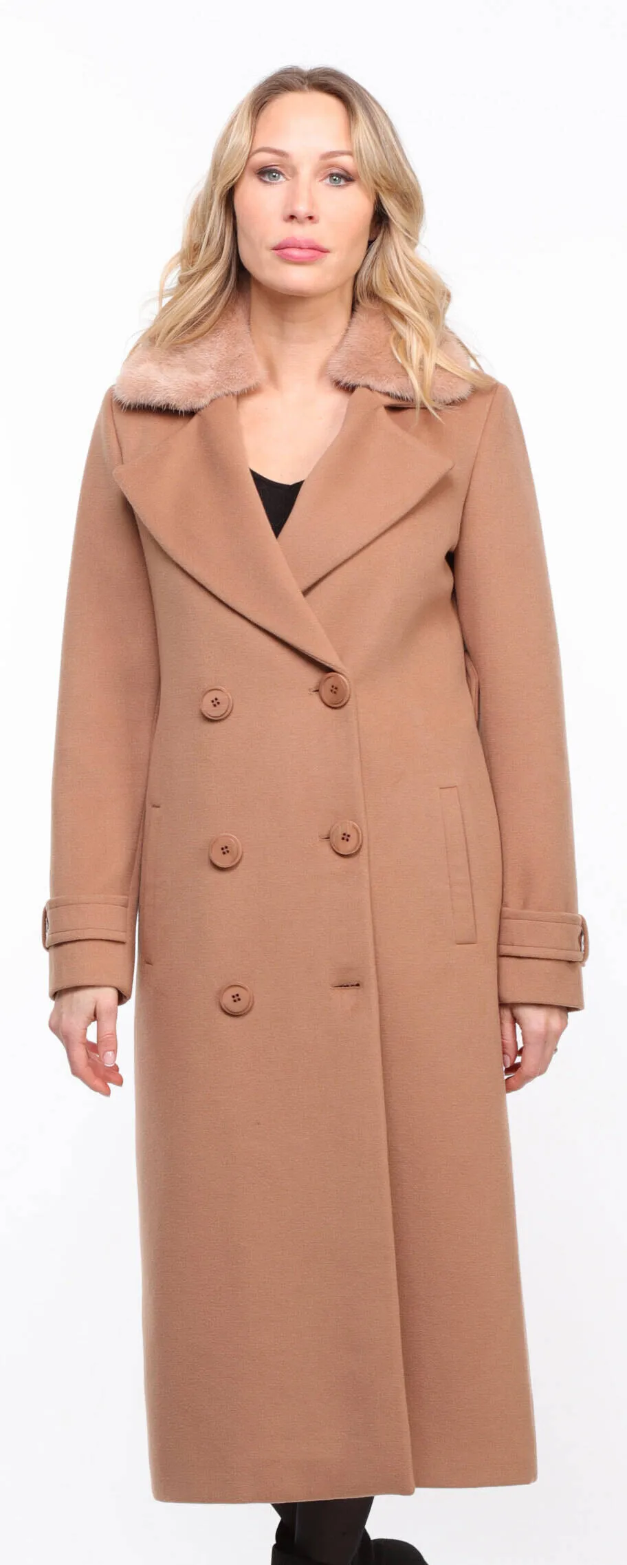 Women's taupe \synthia\ mink collar fabric coat