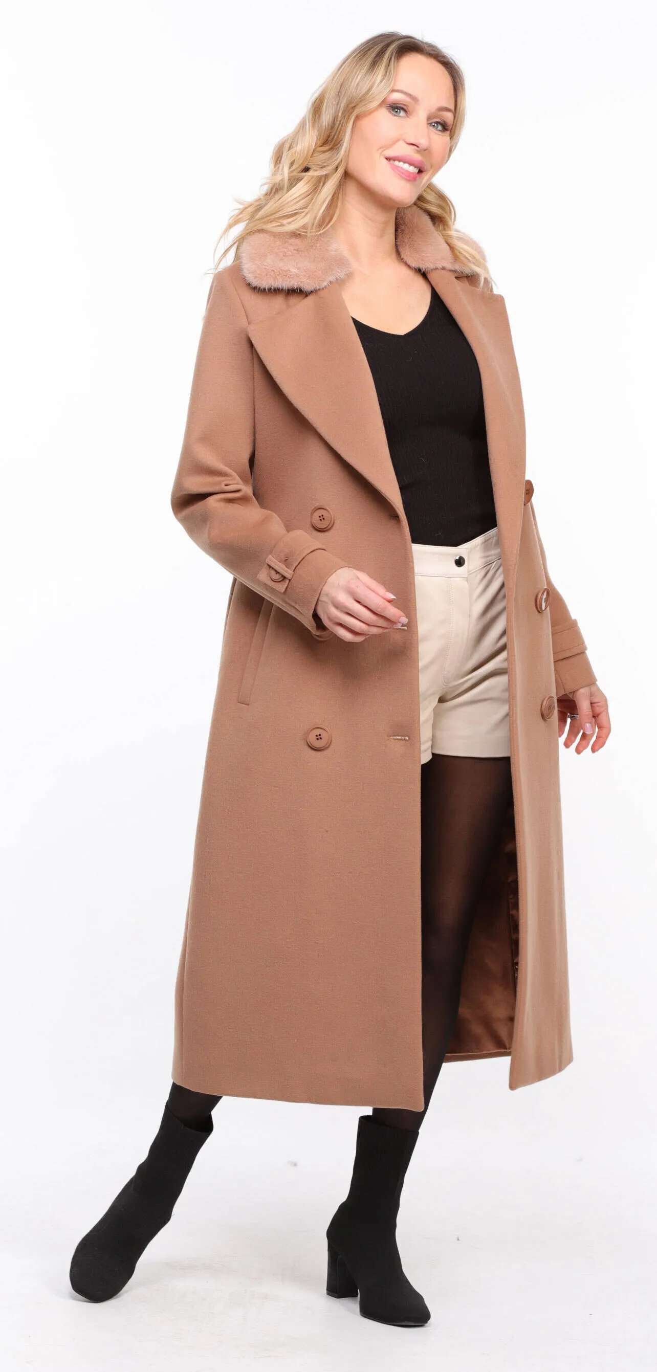 Women's taupe \synthia\ mink collar fabric coat