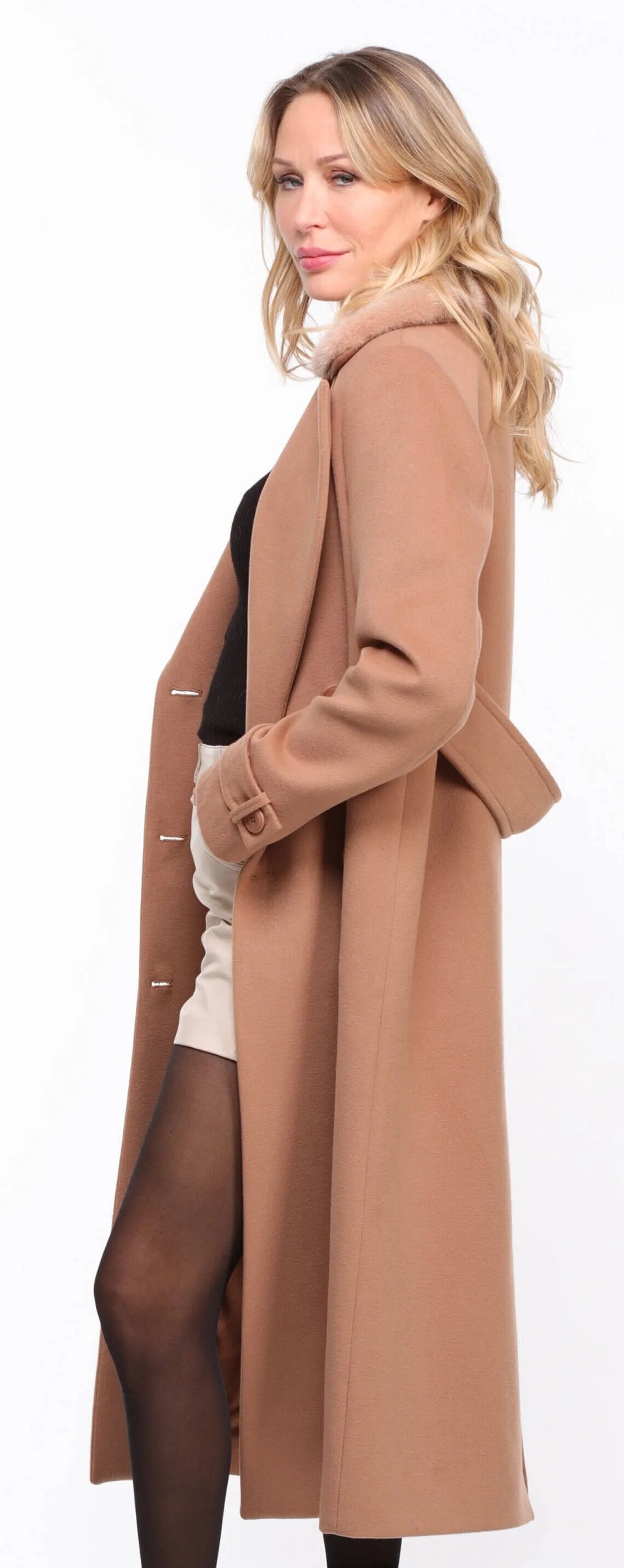 Women's taupe \synthia\ mink collar fabric coat