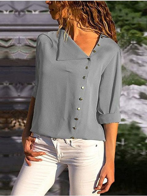 Women's V-Neck Button-Up Blouse in Black, White, and Yellow Cotton with Long Sleeves