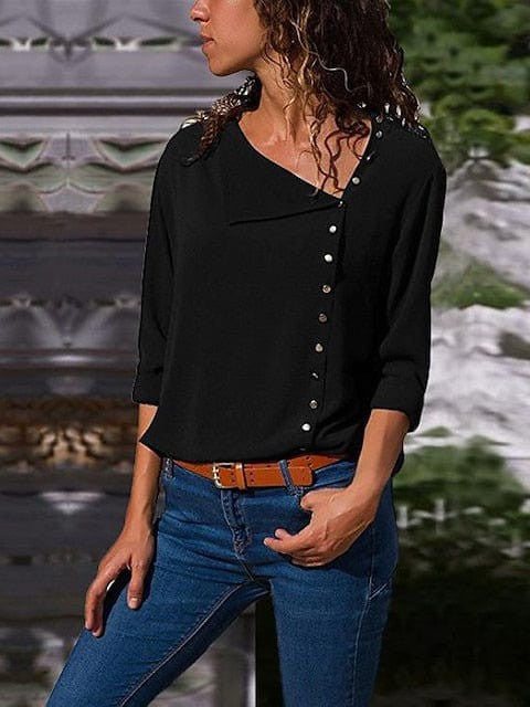 Women's V-Neck Button-Up Blouse in Black, White, and Yellow Cotton with Long Sleeves