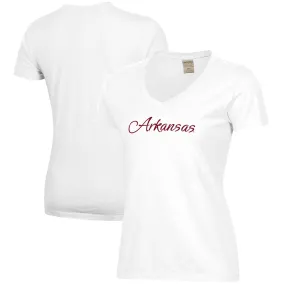 Women's  White Arkansas Razorbacks Script Logo Comfort Wash V-Neck T-Shirt