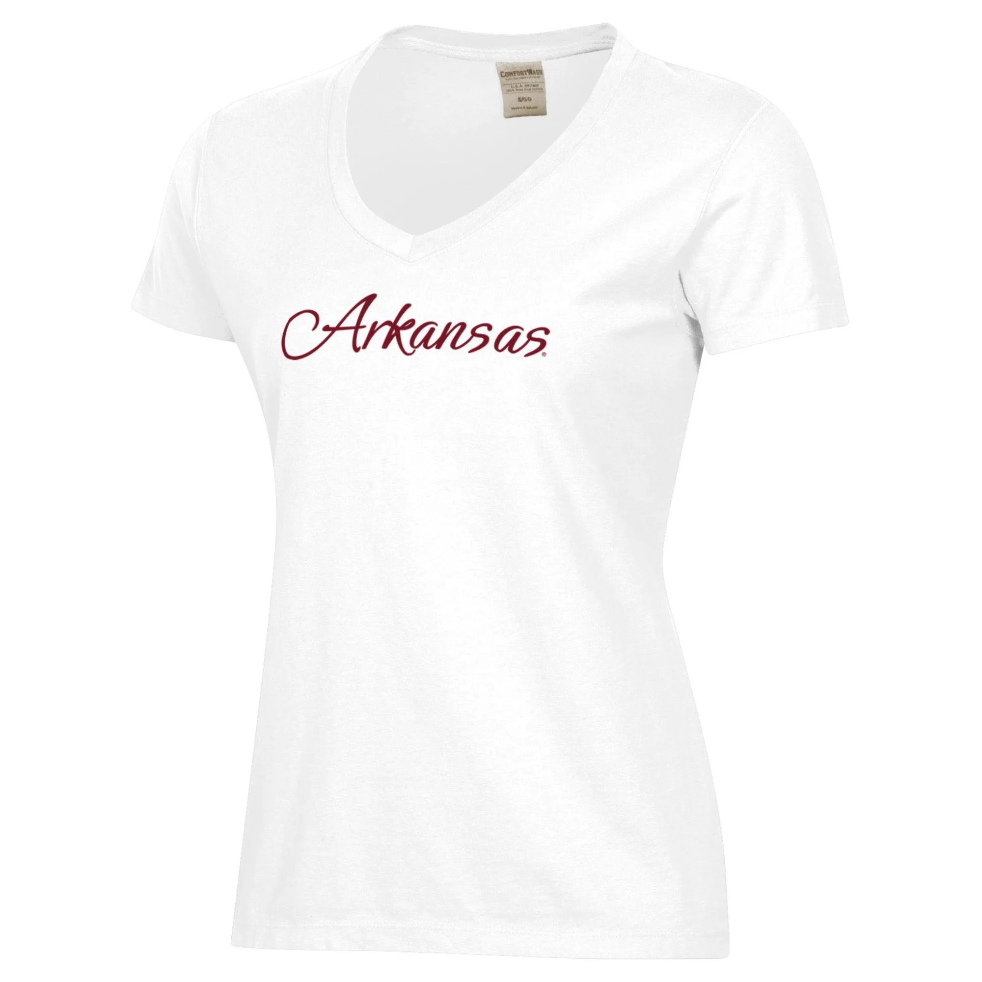 Women's  White Arkansas Razorbacks Script Logo Comfort Wash V-Neck T-Shirt